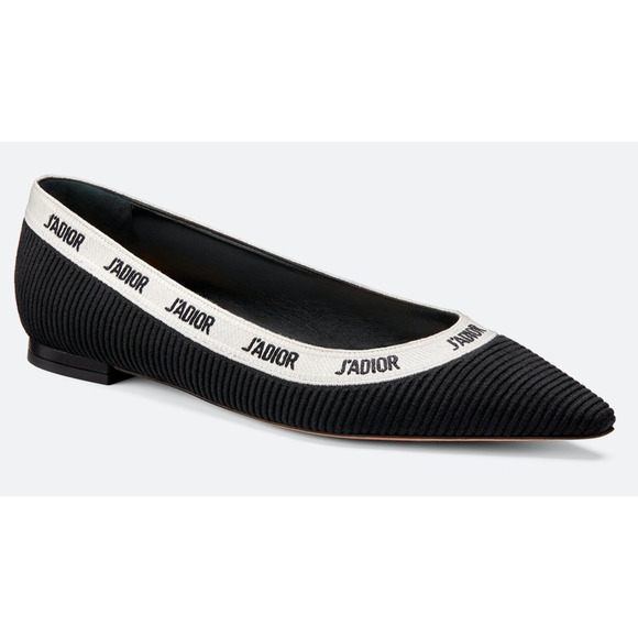 Dior J'adior Black White Ribbon Logo Embroidered Ballet Ballerina Flat 39.5